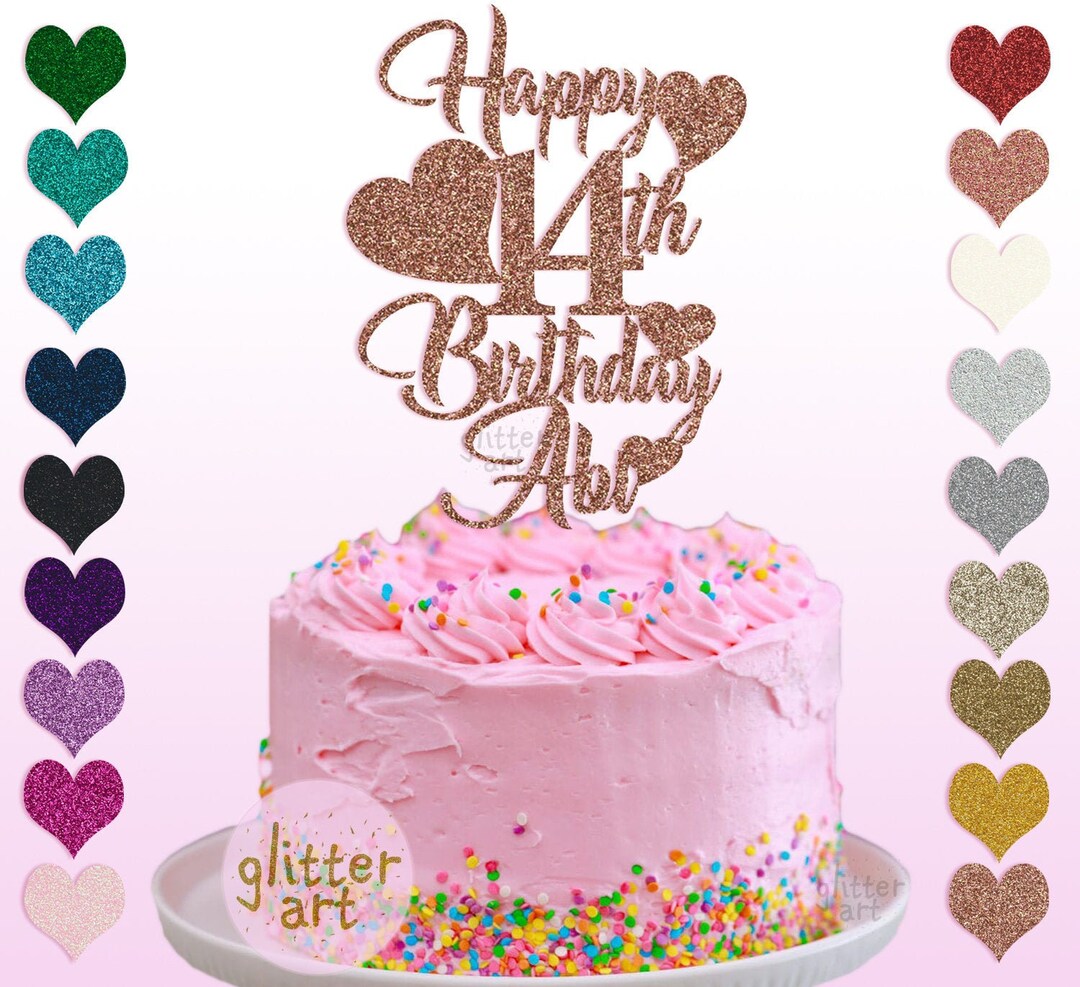 Personalised Custom Glitter Cake Topper, Happy 14th Birthday