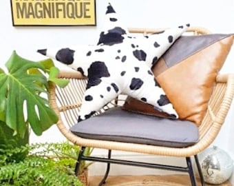 Cow Print Star Cushion, Black and white, Faux fur, Cowhide, Made in the UK, Home Decor, Bedroom, Kids/Nursery.