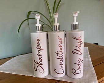Shampoo conditioner hand wash pump bottles 500ml silver lid white personalised Christmas gift present stocking filler Refillable empty