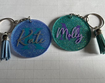 Personalised sparkly glitter keyring keychain with tassel lots of colours available red pink green blue gold silver purple stocking filler