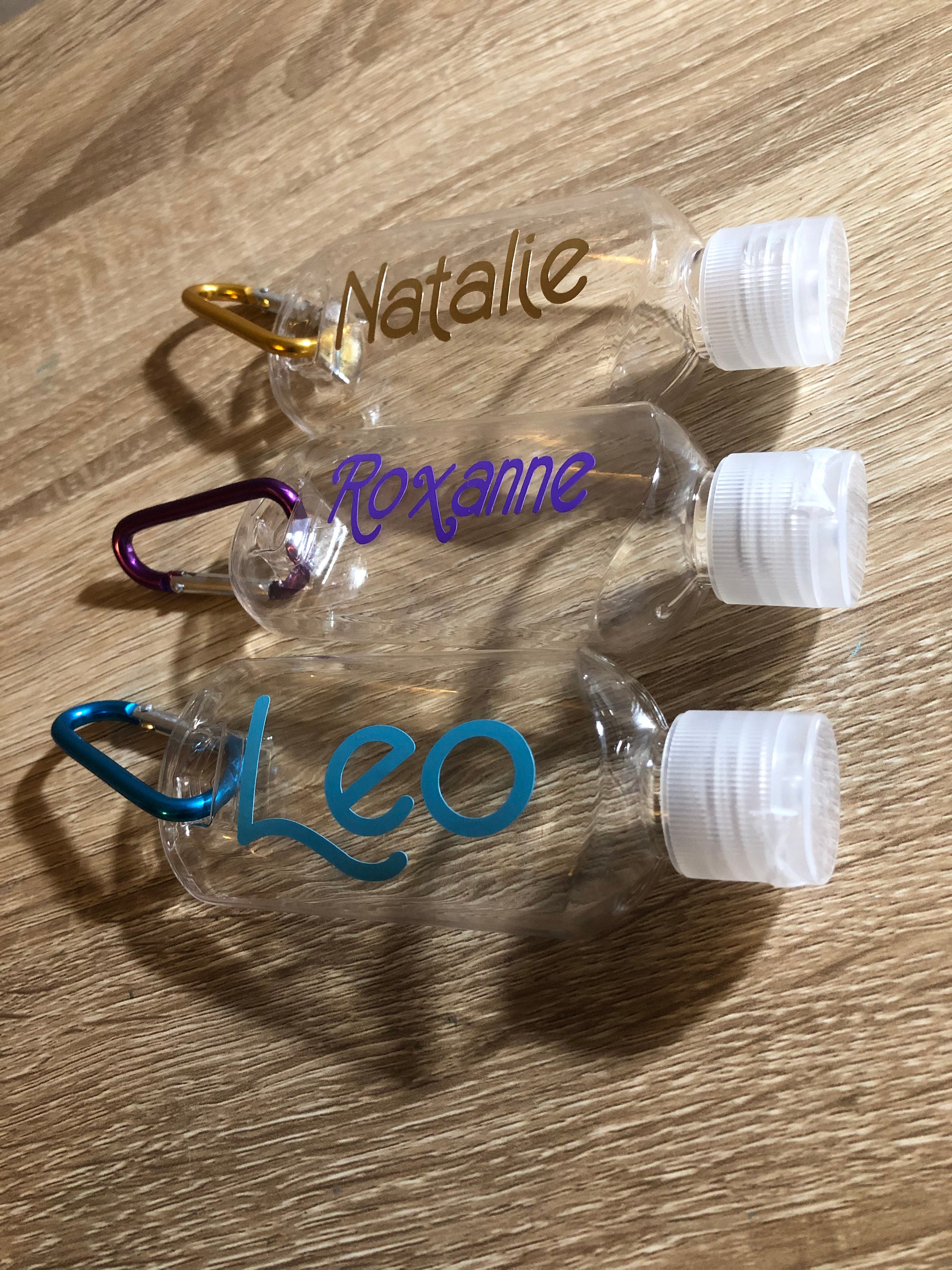 Refillable 50ml personalised hand gel sanitiser bottle with clip carabiner keyring keychain bottles stocking filler Christmas teacher gifts