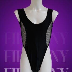 Black Bodysuit Men – Stretch Thong Leotard with Fishnet Panels – Sexy Gay Lingerie – Femboy Bodysuit – FirePony Design