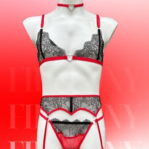 Red & Black Lace Femboy Lingerie Garter Set – Bra and Panty for Men, Sissy Underwear, Crossdresser Lingerie, Sexy Gay Lingerie for Men