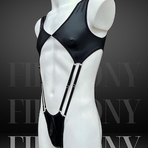 Mens Sexy Vegan Leather Bodysuit - Gay Clubwear Outfit - Femboy One Piece Lingerie, Mankini, Men Clubwear