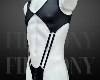 Mens Sexy Vegan Leather Bodysuit - Gay Clubwear Outfit - Femboy One Piece Lingerie, Mankini, Men Clubwear