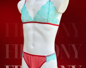 Mens Sissy Femboy Lingerie – Mint Lace Bralette and See-Through Panties – Gay Crossdressing Underwear – Soft Mesh Bra Panty Set