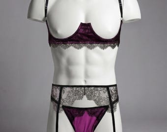 Male Lingerie Set, Wine Lace Bra and Thong, 6 Colors, Sissy Bra and Panty, Femboy Lingerie