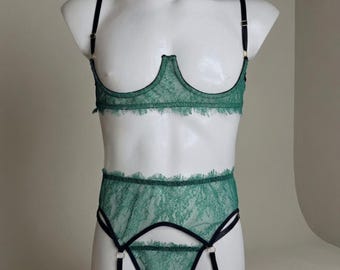 Femboy Lingerie Set, Cupless Shelf Bra, Mens Lingerie, Emerald Green Lace Open Cup Bra, Garter Belt Set, Sissy Panties Thong
