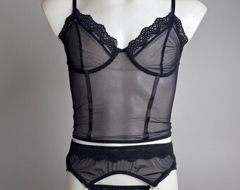 Sissy Lingerie Set Black Lace | Crossdresser Sheer Lingerie | Femboy Crossdressing Clothing | Mens Sexy Underwear, Transparent Mesh Top
