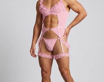 Femboy Lingerie Set, Men's Pink Mesh Teddy with Ruffles, Sissy Crossdresser Underwear, Garter Pouch Thong Set, Mens Exotic Lace Bodysuit