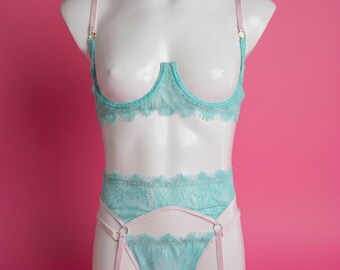 Mint Green Men's Lingerie Set, Lace Bra for Men, Femboy Lingerie, Pastel Pink Garter Belt Harness, Cupless Shelf Bra, Sissy Underwear Gift