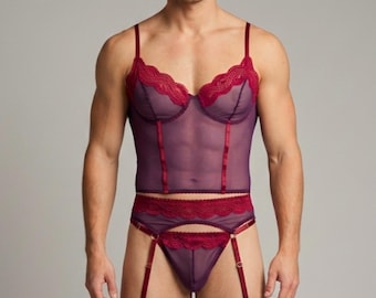 Femboy Lingerie Set with Garter Belt | Sissy Sheer Mesh Sexy Lingerie for Men | Male Thong Underwear, Transparent Top