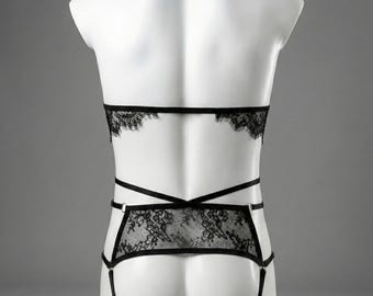 Black Lace Femboy Lingerie Set, Cupless Bra Open Cup Harness, Sissy Lingerie for Men, Sheer Mesh Lingerie, Transparent Harness