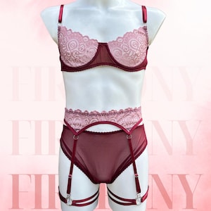 Burgundy Pink Lace Lingerie Set for Men – Sheer Bra, Panties, Garter Belt - Femboy Lingerie, Sissy Gay Lingerie, Crossdresser Underwear