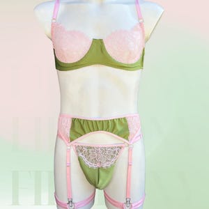 Mens Femboy Lingerie Lace Garter Set – Bra and Panty for Men, Gay Lingerie, Sissy Underwear, Crossdresser Lingerie, Mens Garter Belt Set