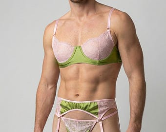 Sissy Lingerie Set for Men, Pink Lace & Green Satin Male Thong, Bralette and Garter Belt Set, Femboy Lingerie, Crossdresser Underwear