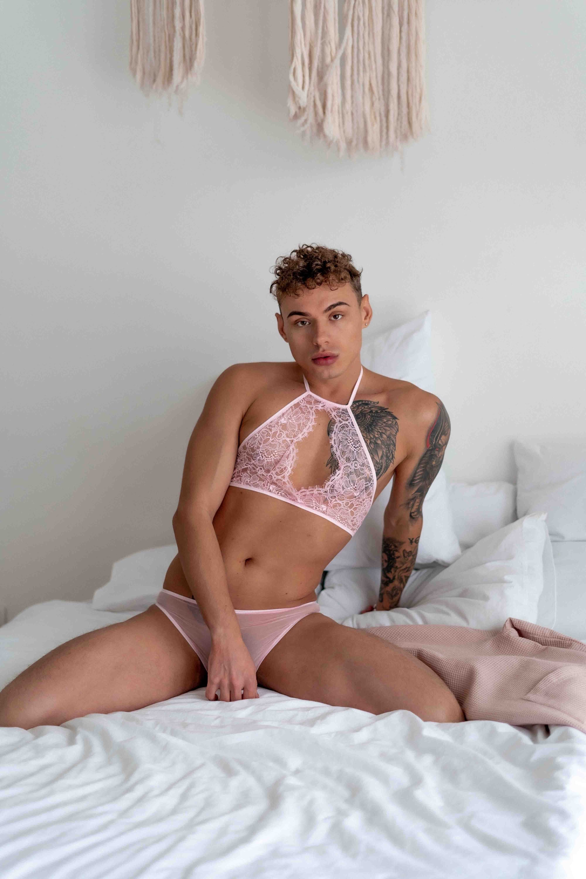 Sissy Bra and Panties for Men Gay Lace Lingerie Men Pink image