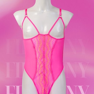 Hot Pink Mesh Lace Bodysuit for Men – Femboy Lingerie, Sissy Thong, Queer Intimates, Handmade Gay Lingerie by FirePony