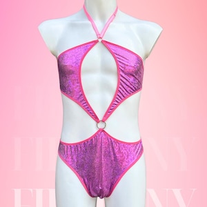Hot Pink Mens Sequin Bodysuit – Sissy Lingerie for Men, Femboy Sequin One-Piece, Shiny Nightclub Outfit, Gay Rave Lingerie