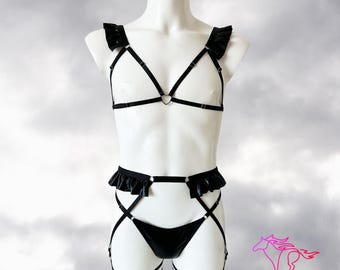 Harness black leather feminine lingerie set for men, Sissy lingerie, Male lingerie, Femboy lingerie, Male lingerie set, Transparent lingerie