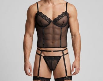 Femboy Lingerie, Transparent Lingerie Set, Sissy Lingerie for Men, Crossdresser Panties, Seductive Mens Underwear, Black Lace Garter