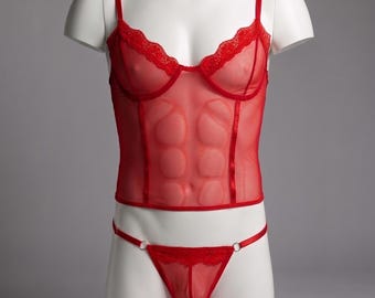 Mens Panties and Corset Bra Set, Red or Black Sheer Mesh Corset Set, Femboy Lingerie