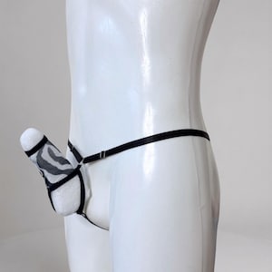 May include: A black and white zebra-patterned pouch thong featuring thin black elastic straps and silver-toned metal hardware. The garment includes a structured front pouch design with a sheer fabric overlay and adjustable side straps.