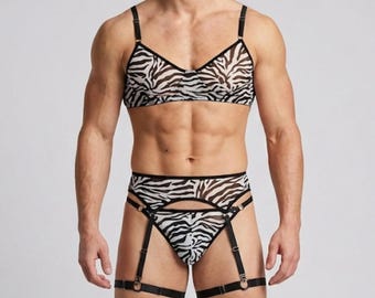 Mens Lingerie Set, Sheer Mesh Lingerie for Men, Lace Bra for Men, Mens Thong G String, Femboy Clothing, Transparent Lingerie Gift for Him