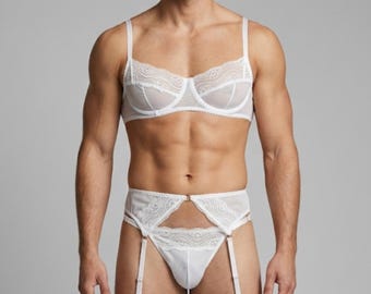 Wedding Lingerie Set for Men And Femboys, Midnight Elegance White Lace Men's Lingerie 4-Piece Set with Garter Belt and Pouch Panties