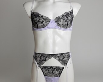 Garter Belt Lingerie Set for Men, Lace Bra and Thong, Femboy Lavender Satin