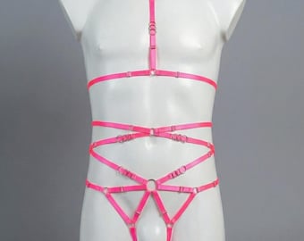 Men's Pink Open Crotch Body Harness, Crotchless Gay Harness Set, Neon Pink Strappy Full Body Harness, Rave Festival Harness, Gay Lingerie