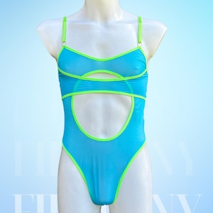 Blue Fishnet Cut-Out Thong Bodysuit – Mens Sexy Bodysuit, Femboy Lingerie, See Through Gay Underwear, Mankini Bodysuit for Men