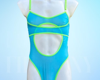 Blue Fishnet Cut-Out Thong Bodysuit – Mens Sexy Bodysuit, Femboy Lingerie, See Through Gay Underwear, Mankini Bodysuit for Men