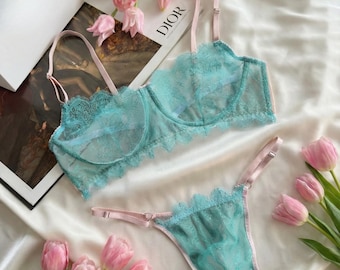 Sheer Bra and Sissy Panties for Men, Femboy Lingerie Set, Mint Green Lace Trim