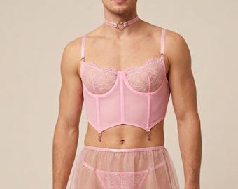 Pink Femboy Lingerie Set, Men's Lace Corset Bustier and Skirt, Sissy Underwear Set with Garters & Choker, Crossdresser Lingerie Outfit