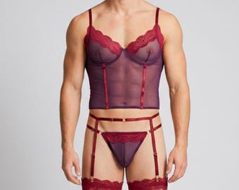 Men's Lingerie Set, Sheer Lace Bustier Camisole Garter Belt Thong 3-Piece, Burgundy Male Crossdresser Sissy Femboy Underwear, Gay Gift