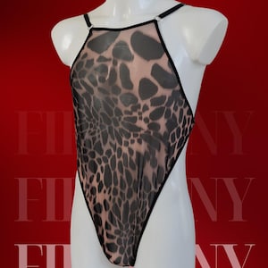 Leopard Print Men&#39;s Bodysuit – See Through Thong Singlet – Sexy Mesh Bodysuit for Men – Gay Lingerie – Femboy Outfit