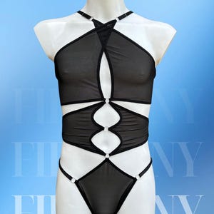 Body string noir à découpes en résille - Body sexy pour homme, body résille transparent en résille, clubwear gay, lingerie sexy pour poule mouillée