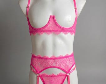 Hot Pink Men's Lingerie Set, Lace Bra for Men, Femboy Lingerie, Cupless Shelf Bra, Mens Thong with Garter Harness, Sissy Nightwear Gift