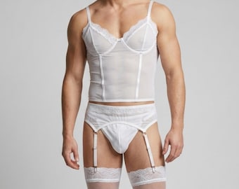 White Wedding Lingerie Set for Men and Femboys, Lace Bridal Corset Top, Male Garter Belt and Stockings, Sissy Pouch Panty 4-Piece Set