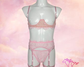 Pink Lace Bra and Thong Set with Garters, Femboy Lingerie, Feminine Lingerie for Men, LGBTQ+ Friendly Underwear, Lingerie for Men
