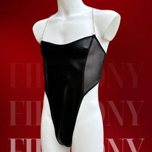 Black Mens Sexy Bodysuit for Men – Sexy Gay Lingerie with Chain Straps, Mesh Panel One-Piece Thong, Sexy Gay Clothes, Mens Fetish Clothing