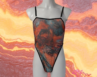 Volcano Print Men's Bodysuit See Through Mesh Singlet, Mens underwear, Man's mesh underwear, Mankini, Men leotard, Sheer underwear for men