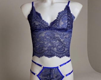 Sheer Bralette and Sissy Panties for Men, Femboy Lingerie Set, Royal Blue Lace
