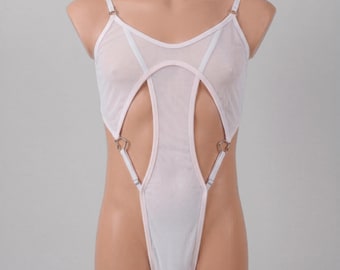 Men Sexy Bodysuit, Lingerie Bodysuit for Men, White Mesh Cut Out Teddy, Sissy Underwear, Mens Lingerie Set, Gay Loungewear Rave Outfit