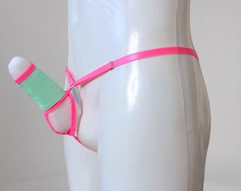 Transparent Underwear for Men, Mint and Pink Lace Micro Pouch Thong, Femboy Lingerie