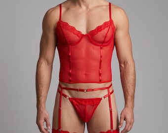 Red Femboy Lingerie Set, Sissy Lingerie for Men, Transparent Sheer Corset Top with Garter Belts, Mens Thong Crossdresser Clothing