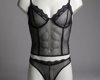 Male Corset and Thong Set, Black Sheer Mesh Lace Bustier, Mens Corset, Femboy Lingerie