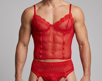 Men's Sheer Mesh and Lace Lingerie Set, Red Femboy Corset Top and Thong with Garter Belts, Male Boudoir Wear, Romantic Lingerie for Men