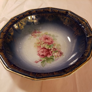 Vintage Sterling Flow Blue Serving Bowl Roses w Lily of Valley